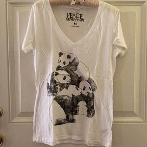 Peace Generation Short Sleeve V-Neck Panda T-Shirt/White/Soze M/NEW/NEVER WORN!